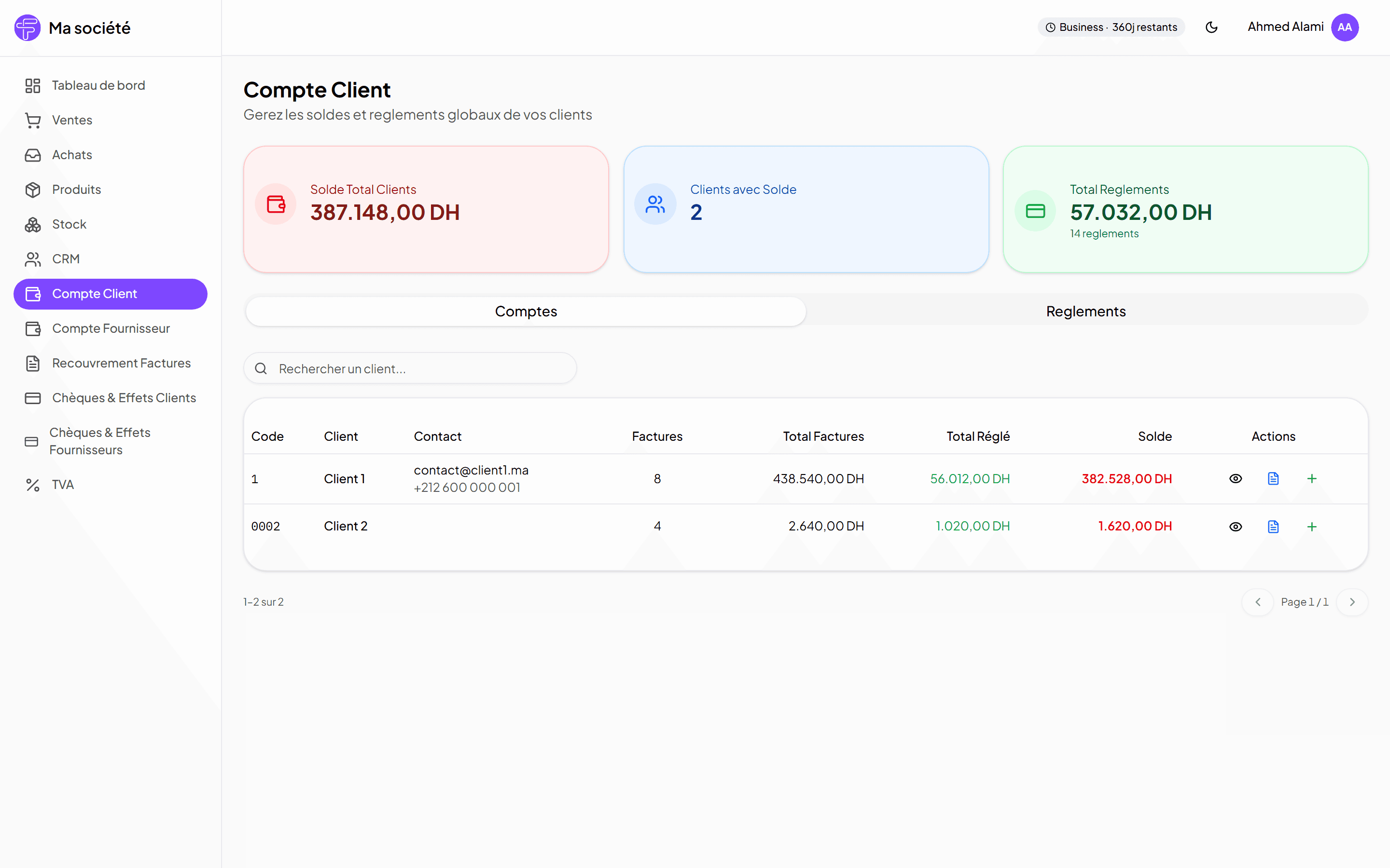 Comptes clients dans Facturio avec solde, total facturé, total réglé et reste dû par client