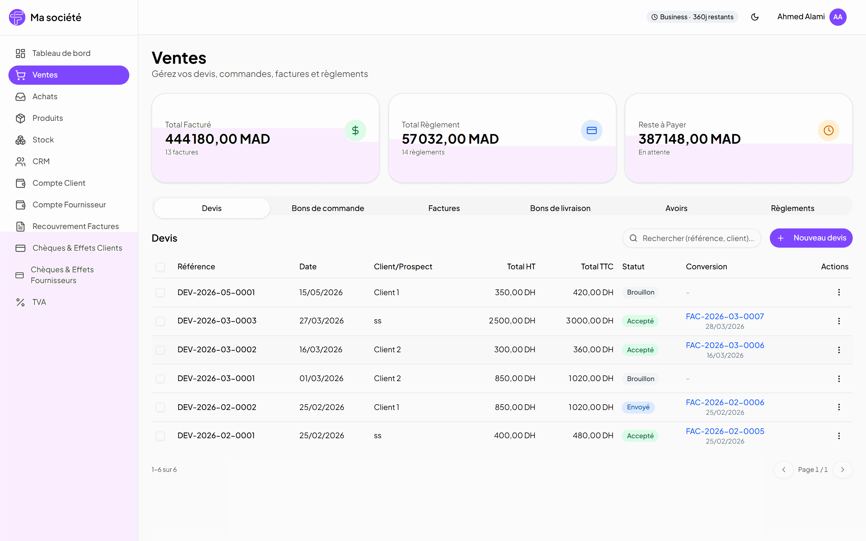 Liste des devis dans Facturio avec montants en dirhams, statuts et conversion en facture