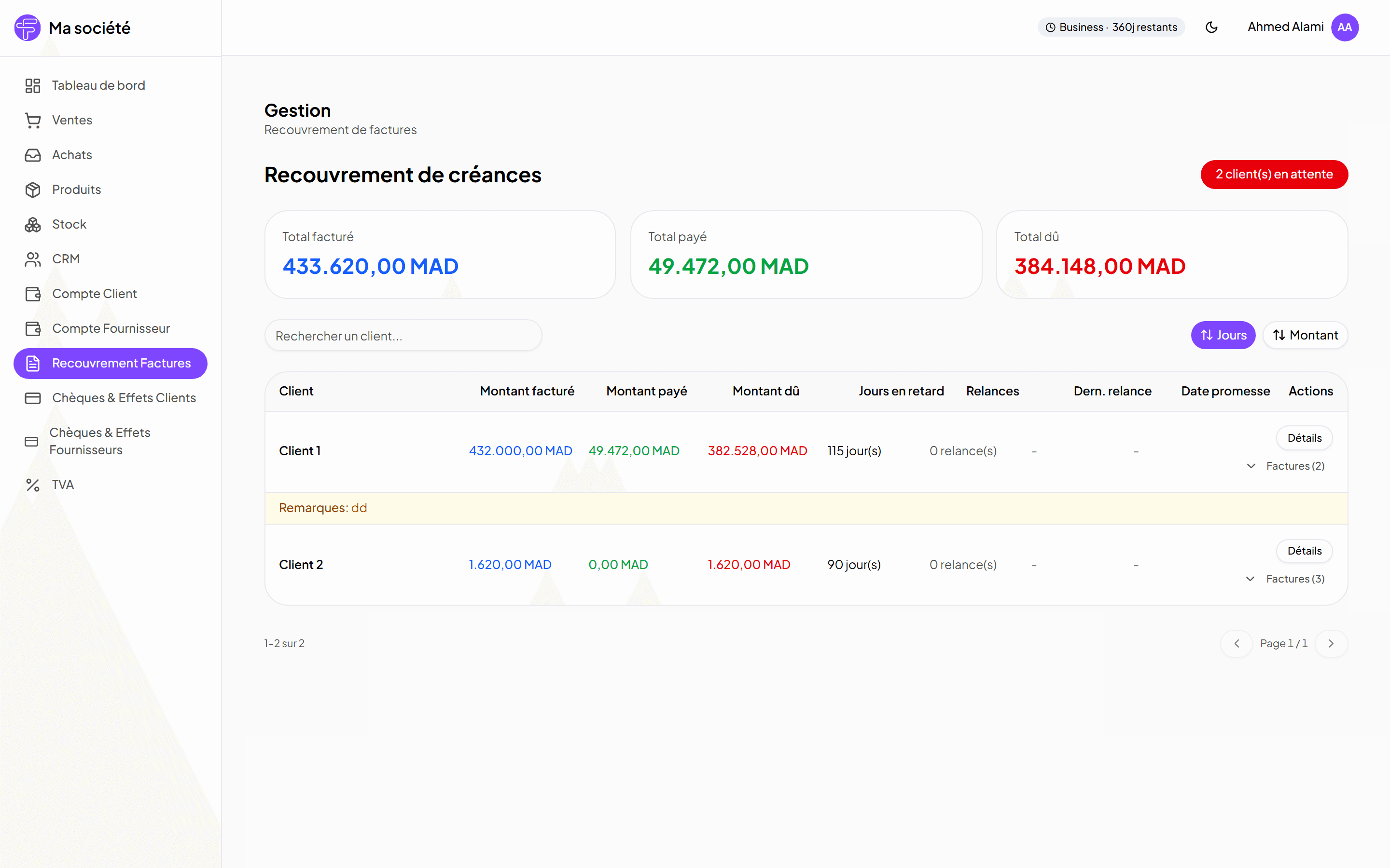 Tableau de recouvrement des créances dans Facturio avec jours de retard et relances par client